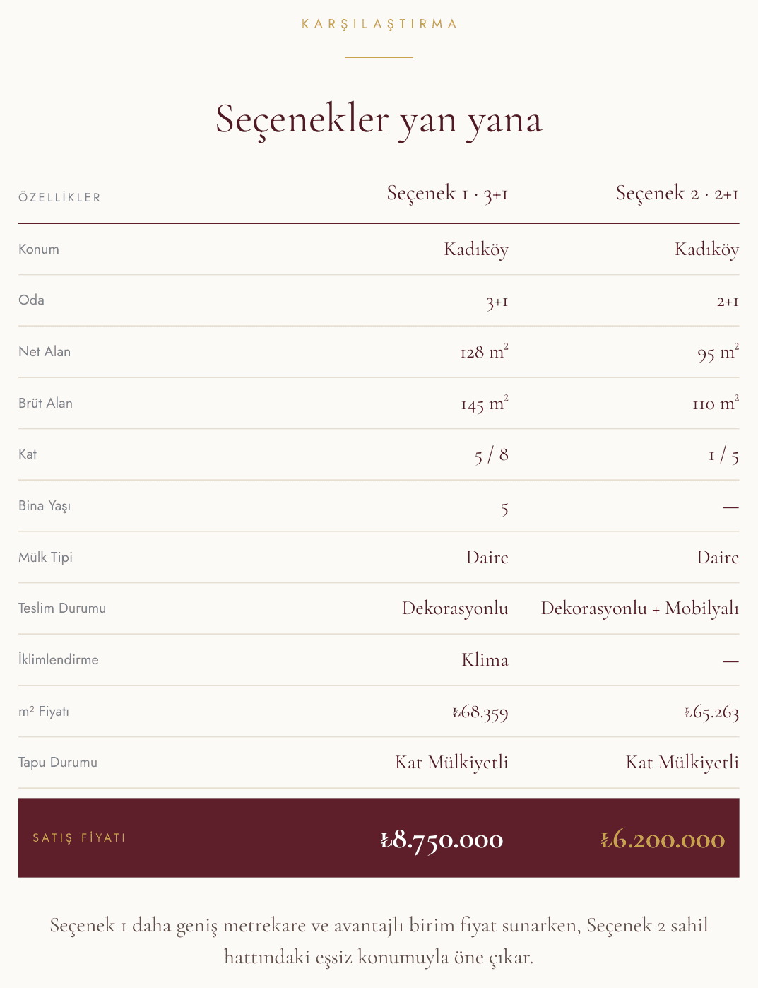 İki ofis seçeneğini karşılaştıran tablo: konum, net/brüt alan, m² fiyatı, vergi modeli, depozito ve aylık kira
