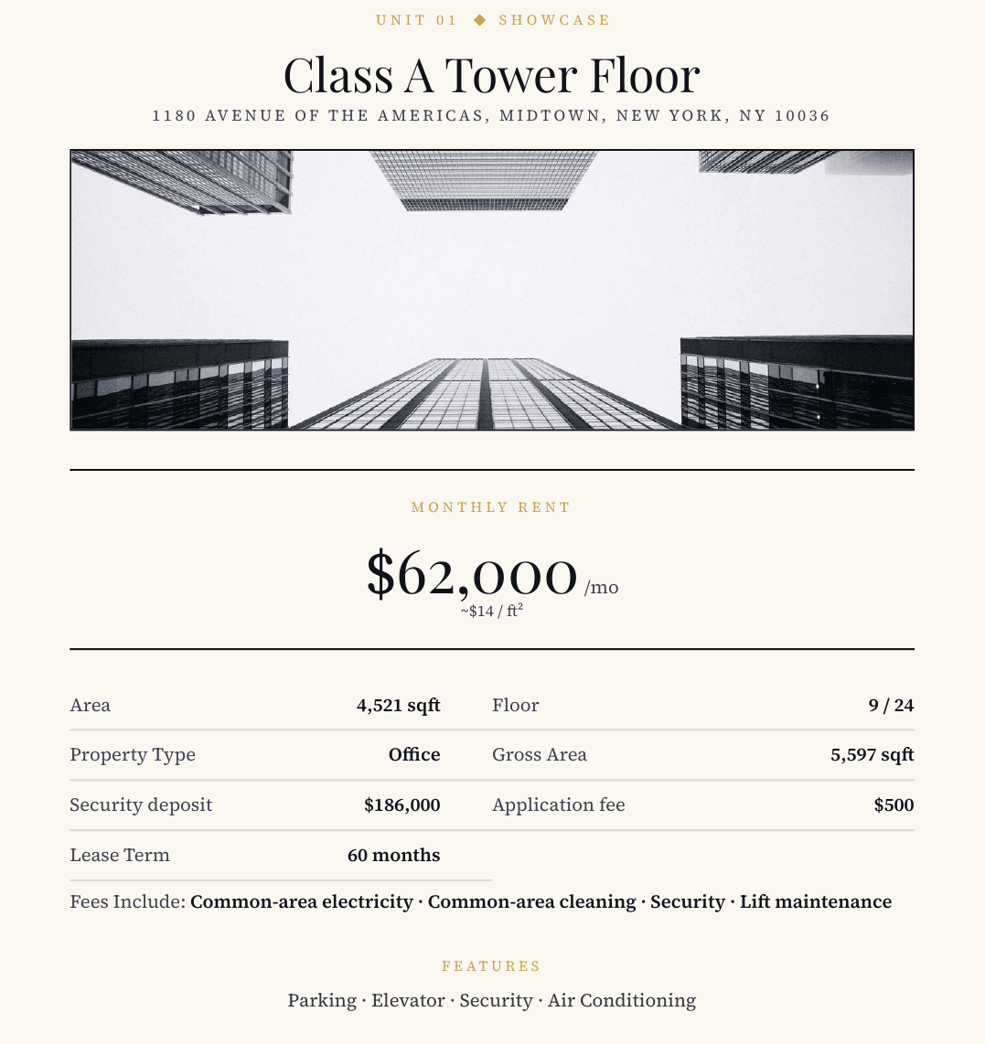 Rental office finance block: net plus VAT equals total, with service charge, deposit and commission