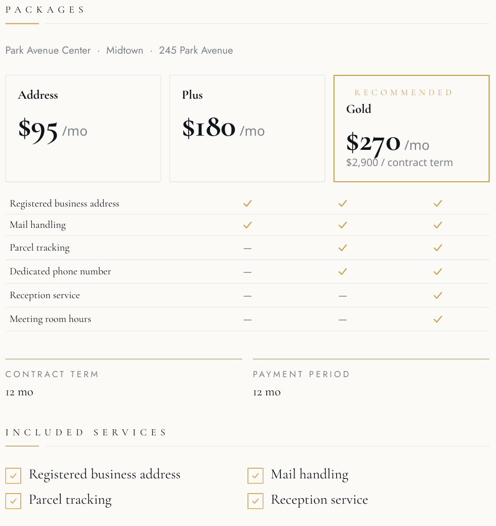 Virtual office package matrix: Address, Plus and the recommended Gold package compared on price and features