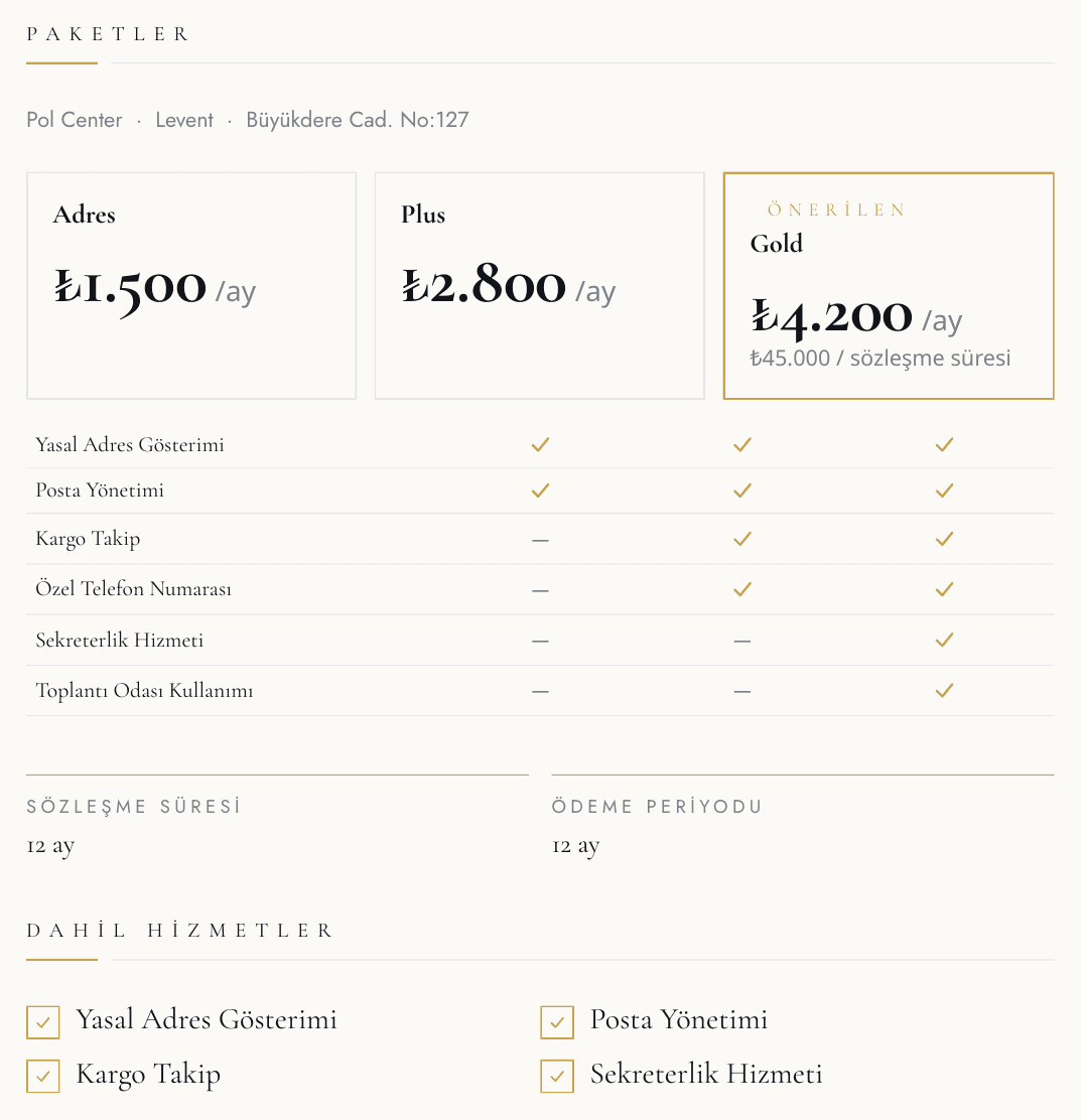 Sanal ofis paket matrisi: Adres, Plus ve önerilen Gold paketleri fiyat ve özellik karşılaştırması