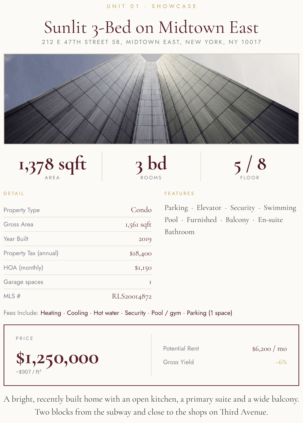 Sale listing proposal page: room, area and floor bento cards, title status and price per area
